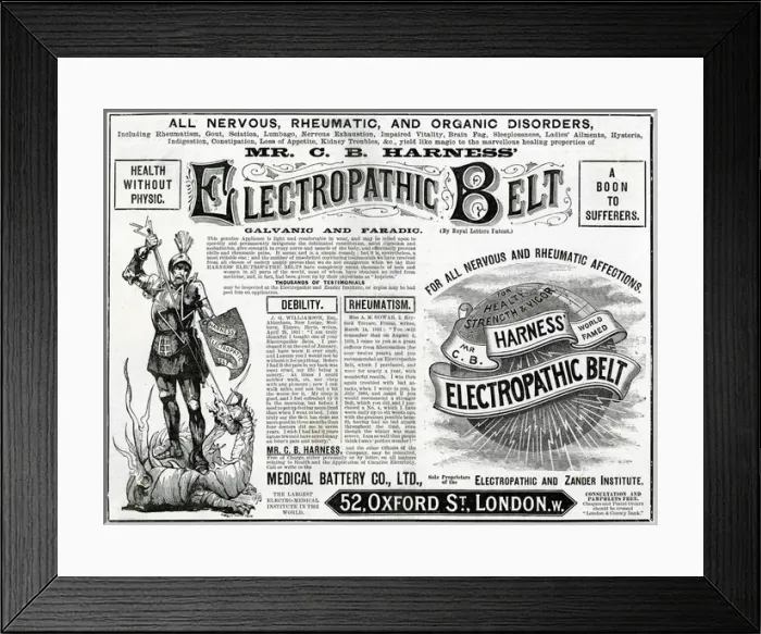 Framed Print : Advert for Harness Electropathic corset belts 1892 Framed Print : Advert for Harness Electropathic corset belts 1892