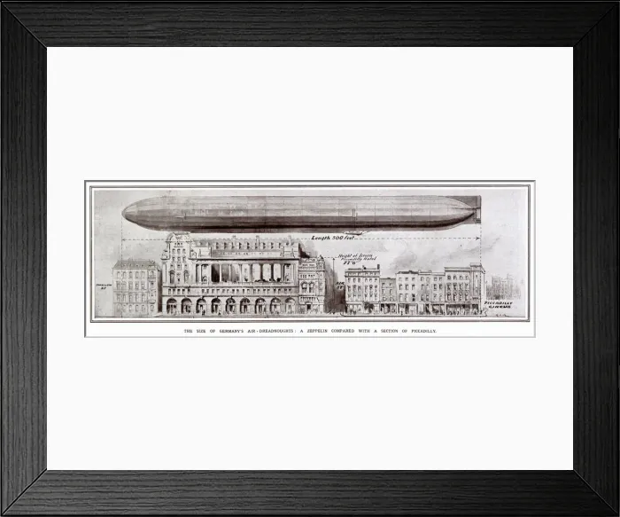 Framed Print : Diagram showing German air-dreadnought, zeppelin compared to a section of buildings in Framed Print : Diagram showing German air-dreadnought, zeppelin compared to a section of buildings in