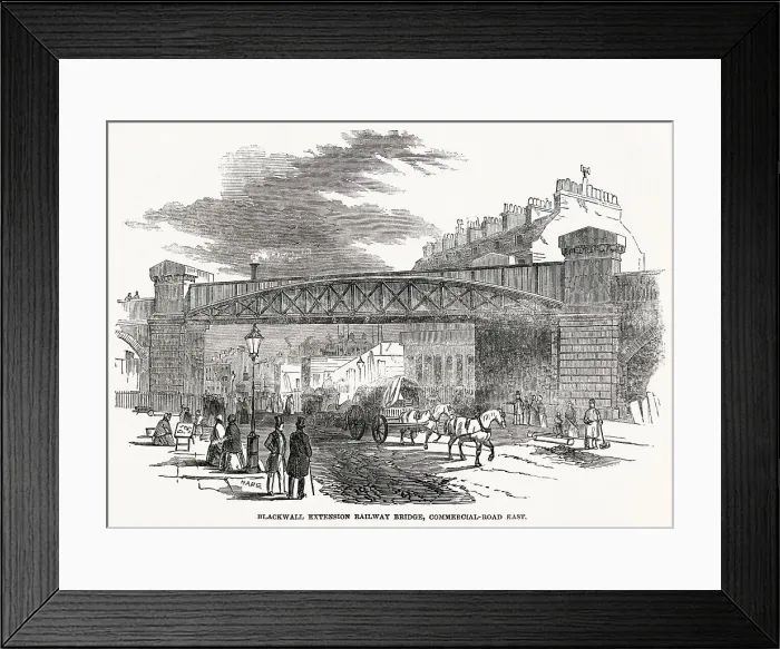 Framed Print : Blackwall Extension Railway Bridge over the Commercial-Road East. The new link in the metropolitan system of railways was to bring the Eastern Counties and other lines terminating at Shoreditch. Date: 1849 Framed Print : Blackwall Extension Railway Bridge over the Commercial-Road East. The new link in the metropolitan system of railways was to bring the Eastern Counties and other lines terminating at Shoreditch. Date: 1849