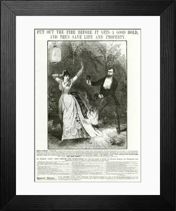 Framed Print : Advert for Harden hand granade fire extinguisher 1886 Framed Print : Advert for Harden hand granade fire extinguisher 1886
