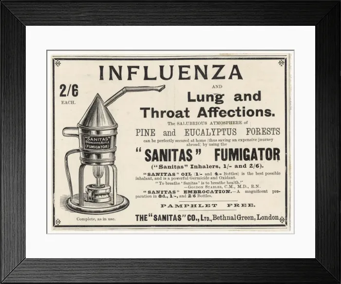 Framed Print : Advert for Sanitas flu fumigator 1900 Framed Print : Advert for Sanitas flu fumigator 1900