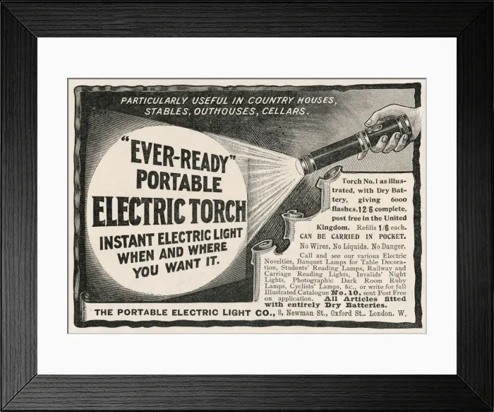 Framed Print : Advert for Portable Electric Light 1902 Framed Print : Advert for Portable Electric Light 1902
