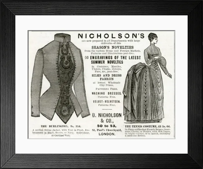 Framed Print : Advert for Nicholsons womens summer clothing 1886