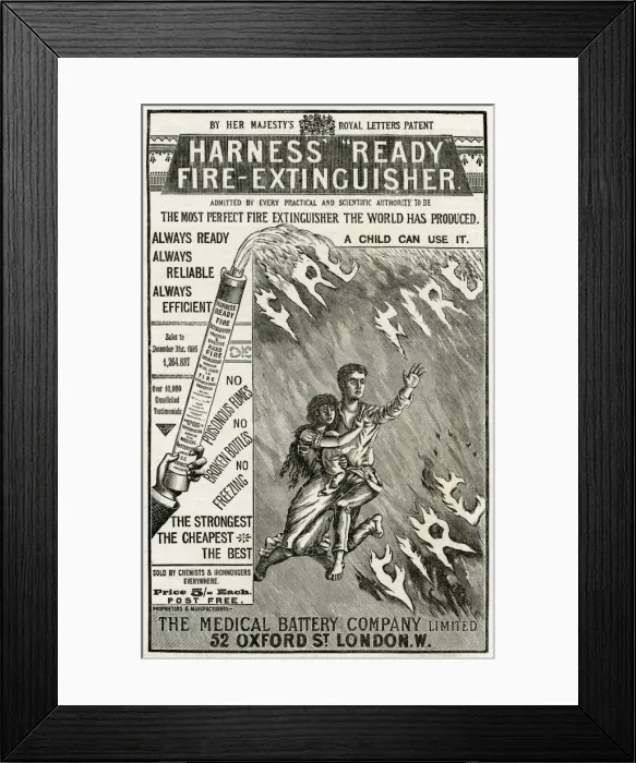 Framed Print : Advert for Harness ready fire-extinguisher 1886 Framed Print : Advert for Harness ready fire-extinguisher 1886