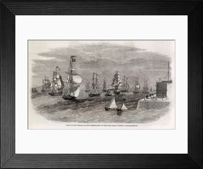 Framed Print : A scene in the Mersey on the termination of the late gale showing vessels outward bound