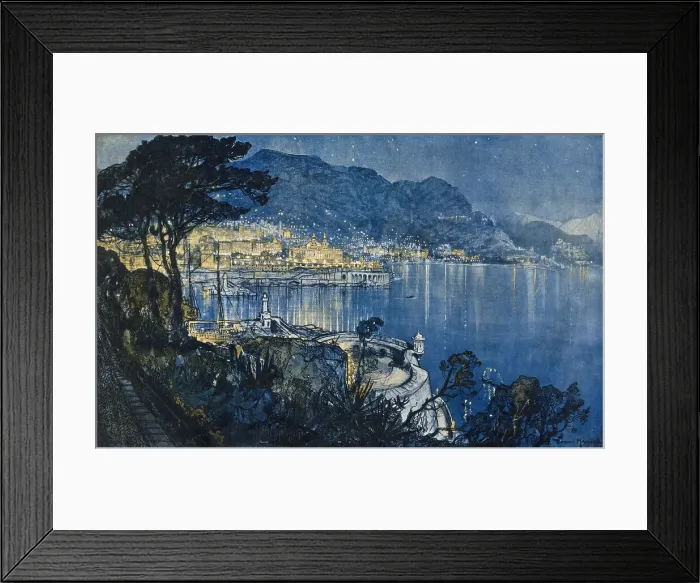 Framed Print : A view of Monte Carlo at night made from the high vantage point of the high gardens of Monaco looking down upon the entrance of the harbour. Date: 1926 Framed Print : A view of Monte Carlo at night made from the high vantage point of the high gardens of Monaco looking down upon the entrance of the harbour. Date: 1926