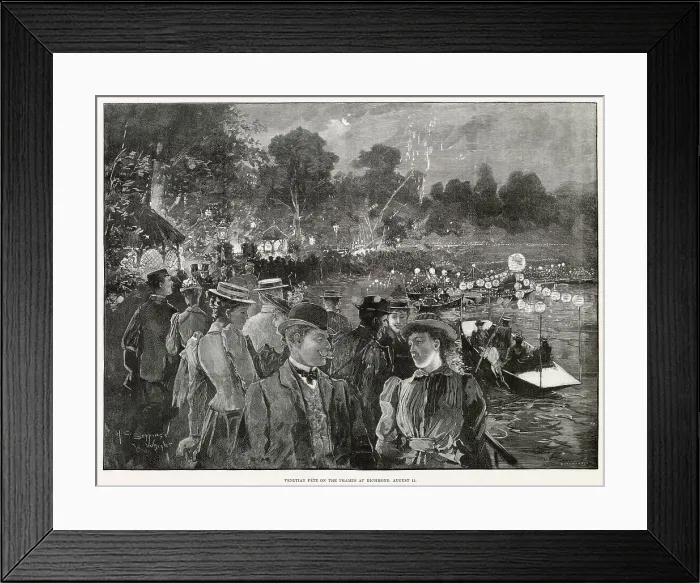 Framed Print : Many thousands gathered at the waterside at the River Thames in Richmond, with decorated illuminated floats, glowing fruits everywhere to be seen. Date: August 1892 Framed Print : Many thousands gathered at the waterside at the River Thames in Richmond, with decorated illuminated floats, glowing fruits everywhere to be seen. Date: August 1892