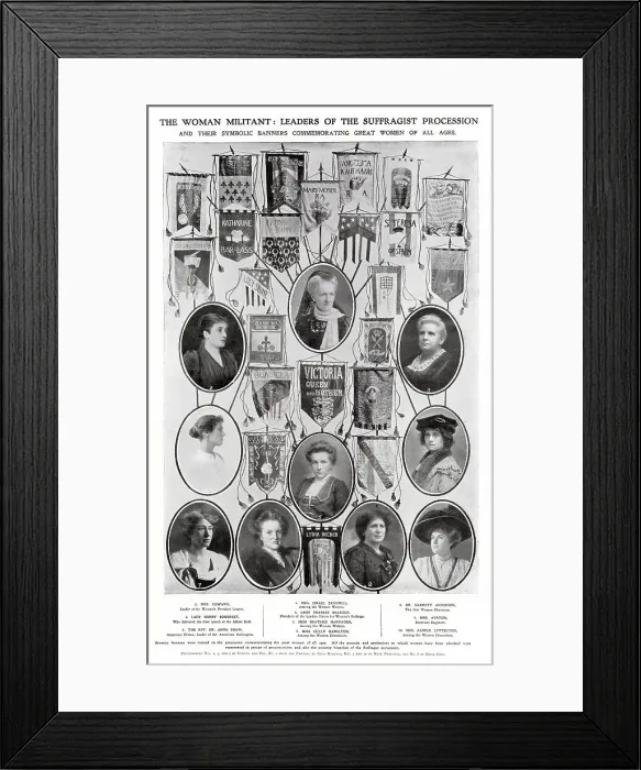 Framed Print : Some of the prominent figures in a NUWSS London procession. Also shown are some of the 70 banners carried commemorating great women through the ages. Date: 13 June 1908 Framed Print : Some of the prominent figures in a NUWSS London procession. Also shown are some of the 70 banners carried commemorating great women through the ages. Date: 13 June 1908