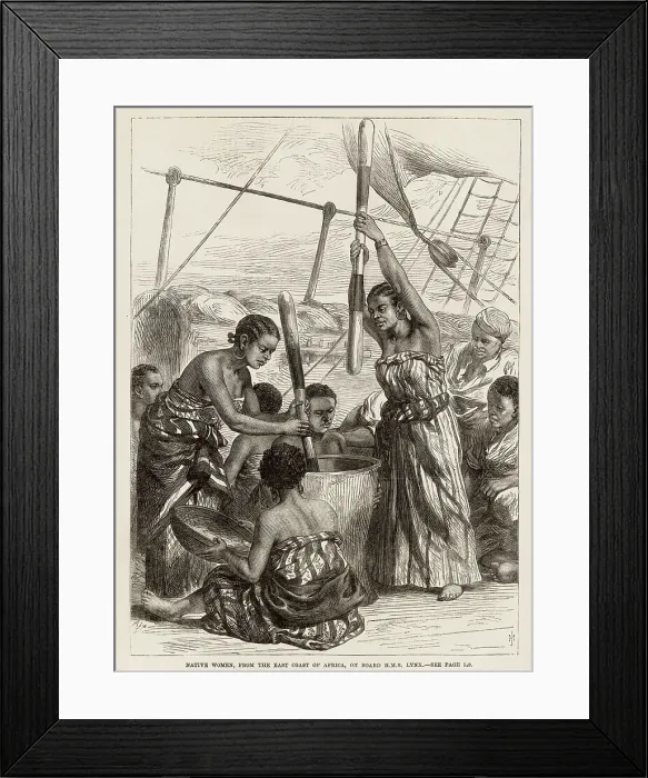 Framed Print : African women from the east coast of Africa husking millet on board HMS Lynx to provide fresh food for the crew Date: 1869 Framed Print : African women from the east coast of Africa husking millet on board HMS Lynx to provide fresh food for the crew Date: 1869