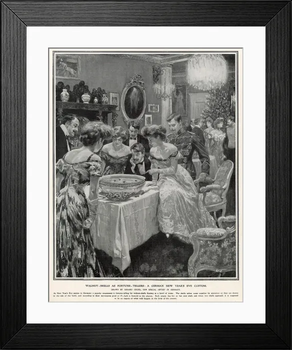 Framed Print : A German custom where walnut shells are floated in a bowl of water, either the walnut comes together or drawn to the side, according to their movements it brings good luck or ill-luck. Date: 1908 Framed Print : A German custom where walnut shells are floated in a bowl of water, either the walnut comes together or drawn to the side, according to their movements it brings good luck or ill-luck. Date: 1908