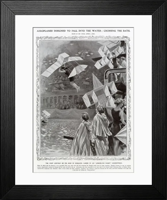 Framed Print : Water-kiting (for want of a better name) inspired by the current aviation boom, the first contest, demonstrated by ladies of Clepton ladies swimming club at Hackney Baths. Date: 1909 Framed Print : Water-kiting (for want of a better name) inspired by the current aviation boom, the first contest, demonstrated by ladies of Clepton ladies swimming club at Hackney Baths. Date: 1909