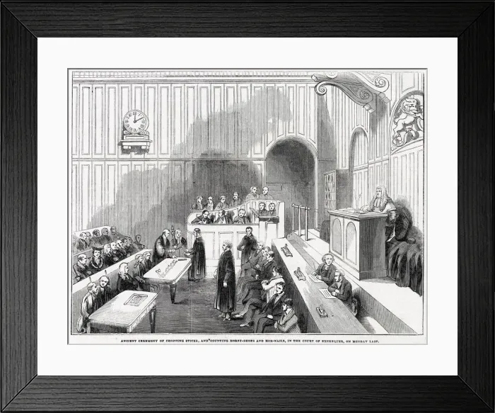 Framed Print : Interior of Court of Exchequer Chamber, showing the ancient ceremony of chopping sticks Framed Print : Interior of Court of Exchequer Chamber, showing the ancient ceremony of chopping sticks