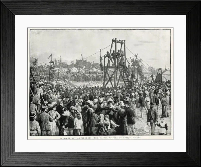 Framed Print : A crowd at a fair in Epping Forest. This ride is now known as the death slide which seems rather over dramatic looking at this Victorian lady taking a turn. Date: 1893 Framed Print : A crowd at a fair in Epping Forest. This ride is now known as the death slide which seems rather over dramatic looking at this Victorian lady taking a turn. Date: 1893