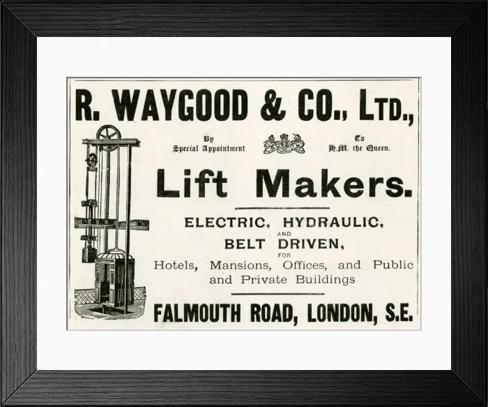 Framed Print : Advert for R. Waygood & Co. lift makers 1898 Advert for R. Waygood & Co Framed Print : Advert for R. Waygood & Co. lift makers 1898 Advert for R. Waygood & Co