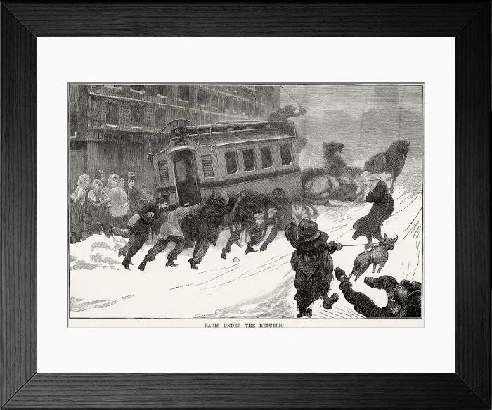 Framed Print : When thick snow clogs the streets of Paris, passengers have to get out of their bus and help the horses drag it up a slope. Date: 1872 Framed Print : When thick snow clogs the streets of Paris, passengers have to get out of their bus and help the horses drag it up a slope. Date: 1872
