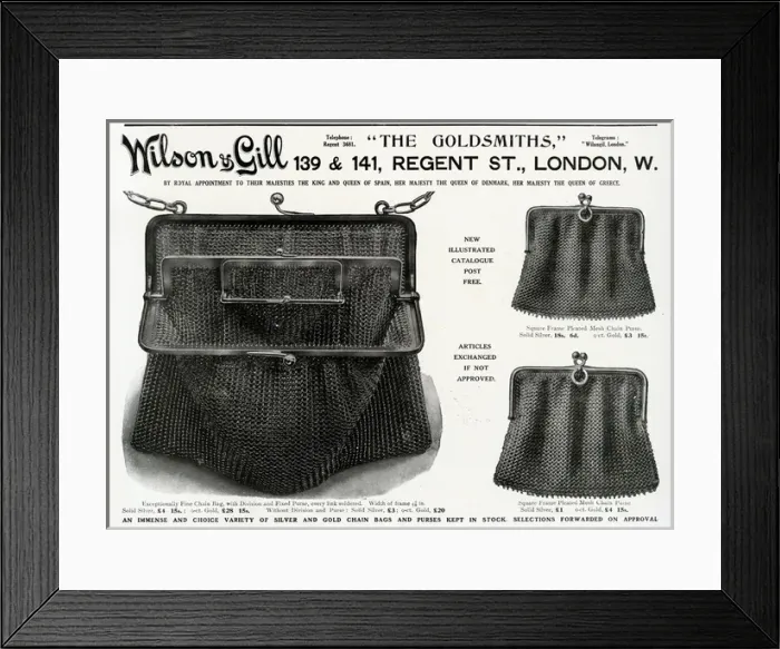 Framed Print : Advert for Wilson & Gill womens mesh chain bag & purse 1913 Framed Print : Advert for Wilson & Gill womens mesh chain bag & purse 1913