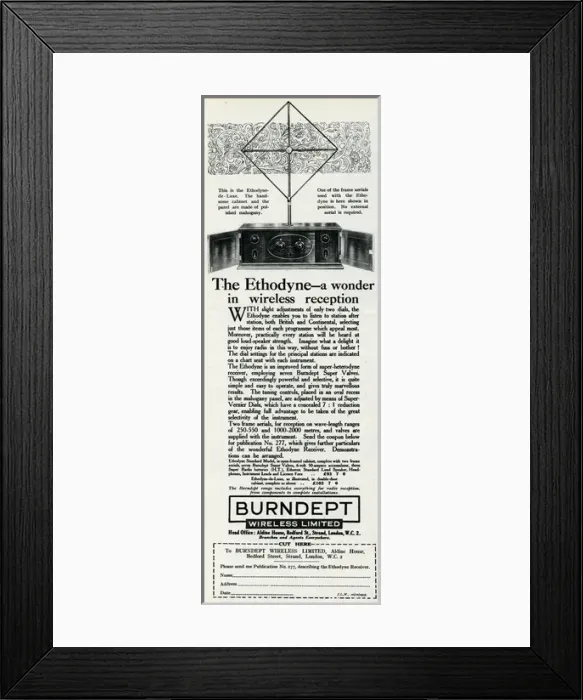 Framed Print : Advert for Burndept - Ethodyne wireless 1925