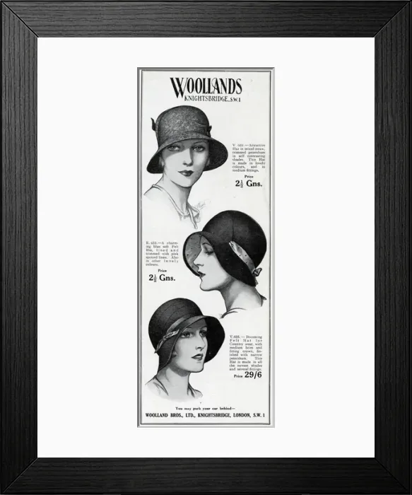 Framed Print : Advert for Woollands cloche hats 1930