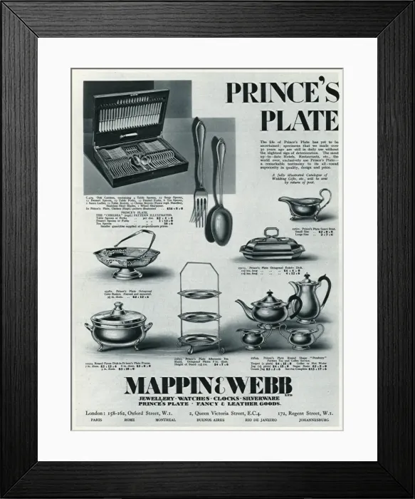 Framed Print : Advert for Mappin & Webb Princes Plate household items 1929 Framed Print : Advert for Mappin & Webb Princes Plate household items 1929