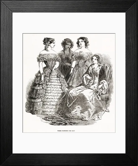 Framed Print : Four women waering the latest fashions of May 1850. Date: 1850 Framed Print : Four women waering the latest fashions of May 1850. Date: 1850