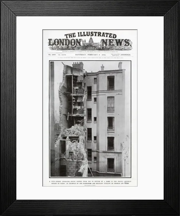 Framed Print : A five-storey dwellings heavily damaged by a bomb by a zeppelin attack. Date: 1916