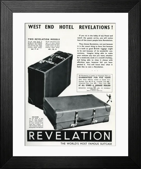 Framed Print : Advert fo Revelation suitcases 1937