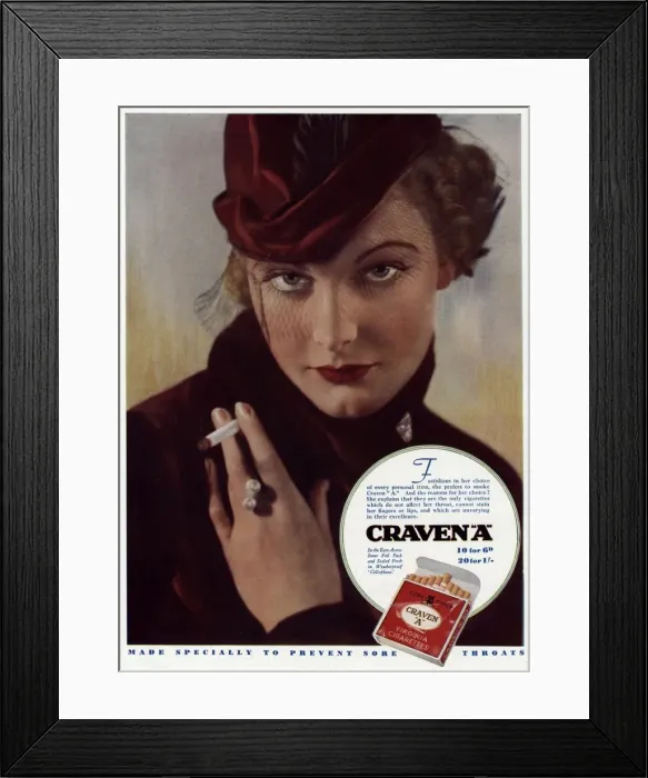 Framed Print : Advert for Craven A cigarettes 1935 Framed Print : Advert for Craven A cigarettes 1935
