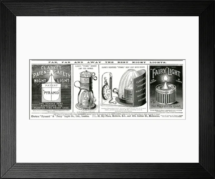 Framed Print : Advert for Clarkes patent safety night light 1892 Framed Print : Advert for Clarkes patent safety night light 1892
