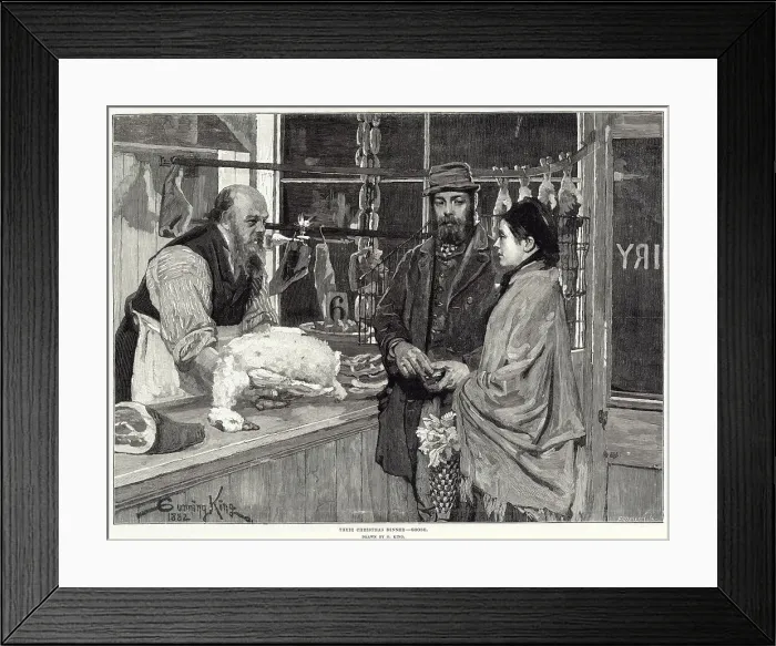 Framed Print : Couple in a butchers buying a goose for their Christmas dinner. Date: 1882 Framed Print : Couple in a butchers buying a goose for their Christmas dinner. Date: 1882