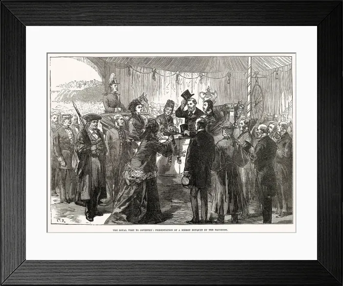 Framed Print : Royal visit by Prince and Princess of Wales (later King Edward VII and Queen Alexandra) to Mr. Joseph Gillott, steel pens manufacture in West Midlands, Birmingham. Presentation of a ribbon bouquet by the Mayoress. Date: 1874 Framed Print : Royal visit by Prince and Princess of Wales (later King Edward VII and Queen Alexandra) to Mr. Joseph Gillott, steel pens manufacture in West Midlands, Birmingham. Presentation of a ribbon bouquet by the Mayoress. Date: 1874