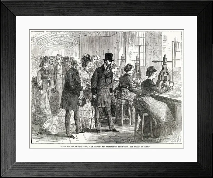 Framed Print : Royal visit by Prince and Princess of Wales (later King Edward VII and Queen Alexandra) to Mr. Joseph Gillott, steel pens manufacture in West Midlands, Birmingham. Been show the process of slitting. Date: 1874 Framed Print : Royal visit by Prince and Princess of Wales (later King Edward VII and Queen Alexandra) to Mr. Joseph Gillott, steel pens manufacture in West Midlands, Birmingham. Been show the process of slitting. Date: 1874