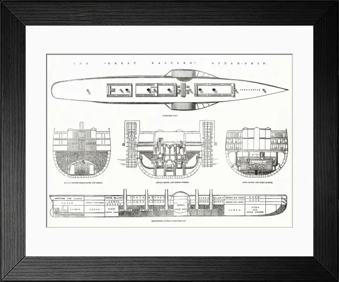 Framed Print : Longitudinal section of the Great Eastern Steam Ship designed by Isambard Kingdom Brunel. To be launched on 3 November 1857 but there was major logistical issues. Date: 1857 Framed Print : Longitudinal section of the Great Eastern Steam Ship designed by Isambard Kingdom Brunel. To be launched on 3 November 1857 but there was major logistical issues. Date: 1857