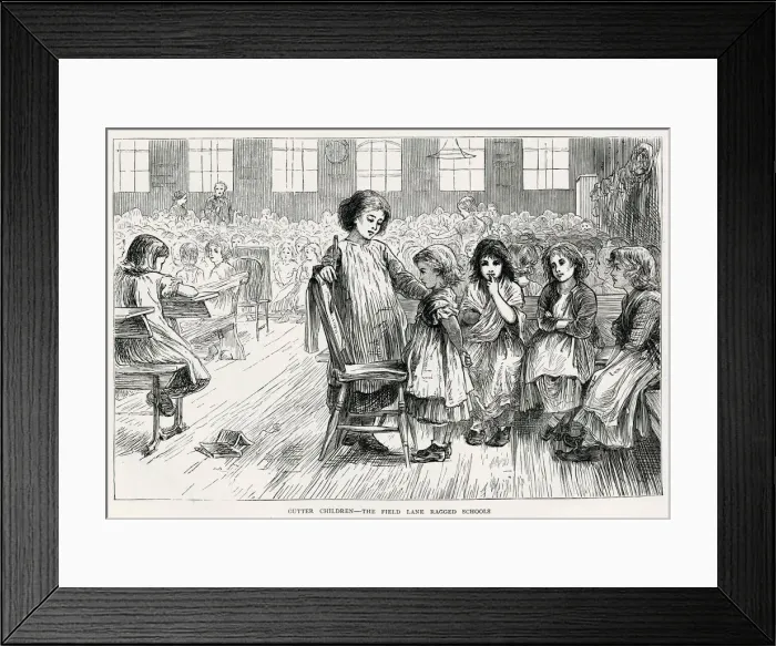 Framed Print : Unkempt girls receiving punishment from another older pupil at Field Lane Ragged School Framed Print : Unkempt girls receiving punishment from another older pupil at Field Lane Ragged School
