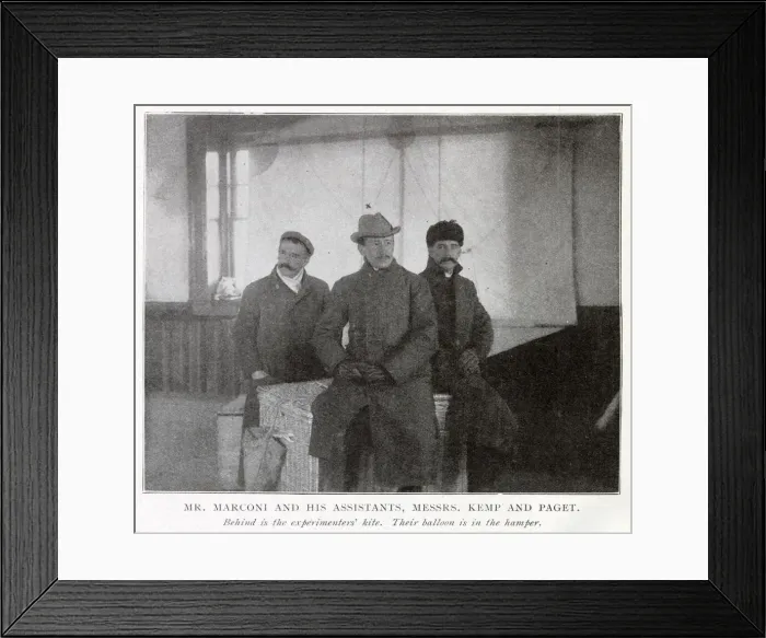 Framed Print : Guglielmo Marconi with his Assistants Kemp and Paget, behind is the experiments kite