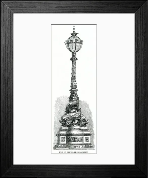 Framed Print : Proposed design published in The Illustrated London News for the cast-iron decorative street lamps that would align the River Thames on the Embankment, London. Date: 1870 Framed Print : Proposed design published in The Illustrated London News for the cast-iron decorative street lamps that would align the River Thames on the Embankment, London. Date: 1870