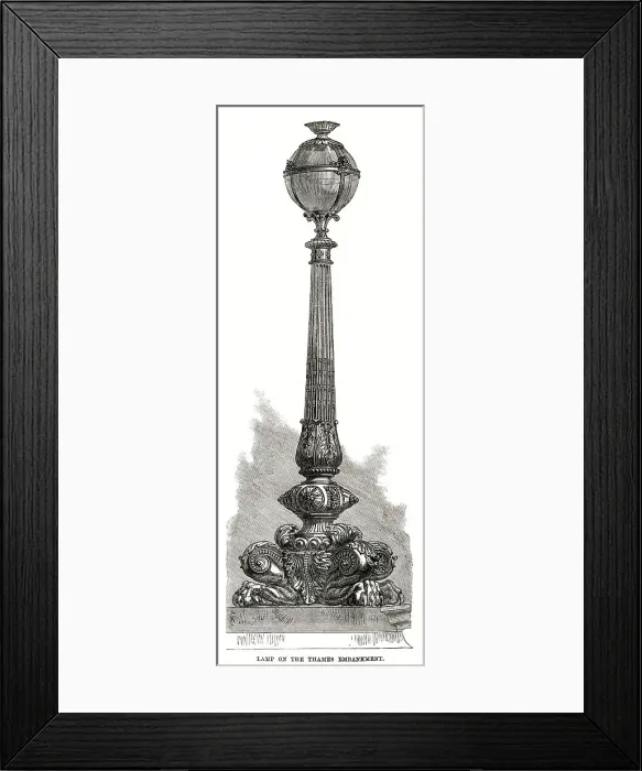 Framed Print : Proposed design published in The Illustrated London News for the cast-iron decorative street lamps that would align the River Thames on the Embankment, London. Date: 1870 Framed Print : Proposed design published in The Illustrated London News for the cast-iron decorative street lamps that would align the River Thames on the Embankment, London. Date: 1870