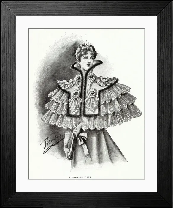 Framed Print : Woman wearing a white old point lace cape with collar, with choux of pale green and pale blue velvet. Date: 1896