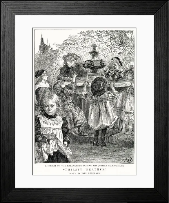 Framed Print : During a hot day at Embankment, London, young children gathering round a public water fountain during the celebrations of the Queen Victoria's Diamond Jubilee. Date: July 1897