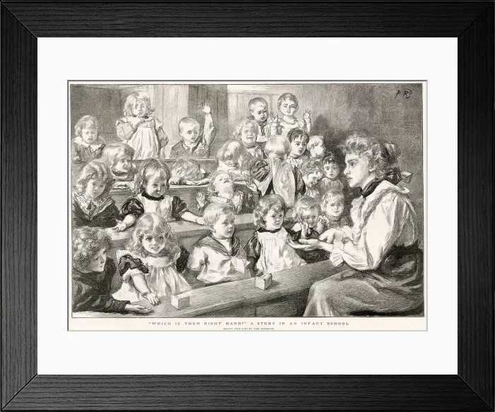 Framed Print : A study in an infant school, where the young children are learning their left and right hands. Date: 1898 Framed Print : A study in an infant school, where the young children are learning their left and right hands. Date: 1898