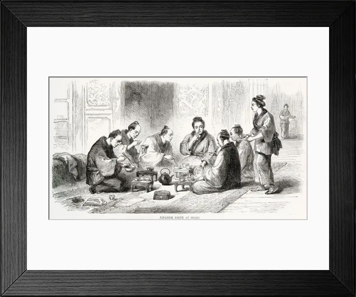Framed Print : Japanese people sitting on the floor eating their meal using small bowls and chopsticks
