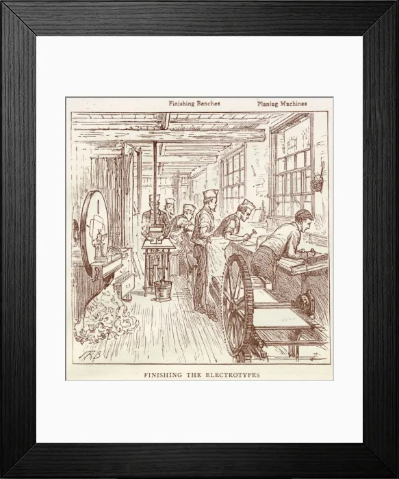 Framed Print : Finising and planing the electrotypes, before the printing can be done. Date: 1881 Framed Print : Finising and planing the electrotypes, before the printing can be done. Date: 1881
