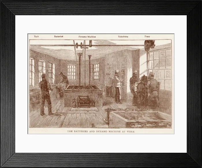 Framed Print : Men working in the batteries and dynamo machine room before going to print Framed Print : Men working in the batteries and dynamo machine room before going to print