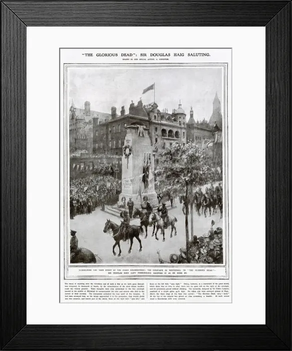 Framed Print : Symbolising the true spirit of the peace celebrations, the Cenotaph in Whitehall to The glorious dead Sir Douglas Haig (left foreground) saluting as he rode by. Date: 19 July 1919 Framed Print : Symbolising the true spirit of the peace celebrations, the Cenotaph in Whitehall to The glorious dead Sir Douglas Haig (left foreground) saluting as he rode by. Date: 19 July 1919