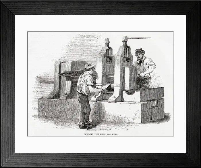 Framed Print : Rolling the steel for pens, at Messrs Hinks, Wells and Co. in Birmingham. Date: 1851 Framed Print : Rolling the steel for pens, at Messrs Hinks, Wells and Co. in Birmingham. Date: 1851