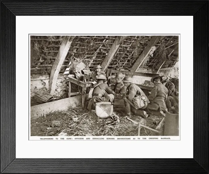 Framed Print : Officers and signallers have stationed themselves in a loft or attic in the upper storey of a damaged building, whose windows command a view the enermy's postion Framed Print : Officers and signallers have stationed themselves in a loft or attic in the upper storey of a damaged building, whose windows command a view the enermy's postion