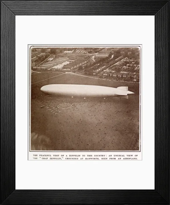 Framed Print : Graf Zeppelin leaving Friedrichshafen and appearing over Hanworth Aerodrome on the same Framed Print : Graf Zeppelin leaving Friedrichshafen and appearing over Hanworth Aerodrome on the same
