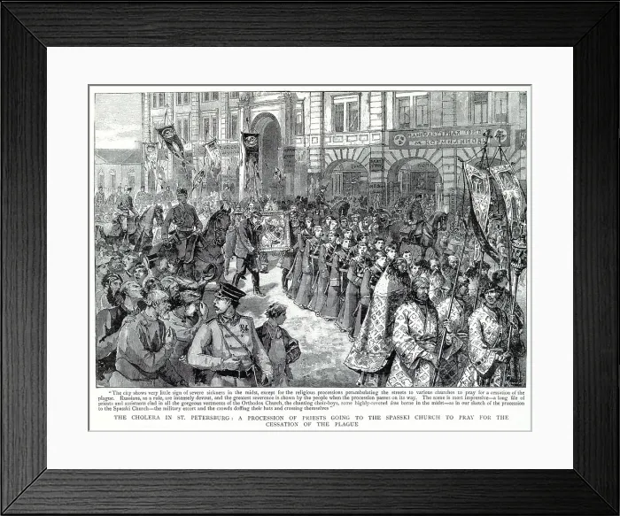 Framed Print : Cholera in St. Petersburg, Russian, a procession of priests going to the Spassky Church to pray for the cessation of the plague. Date: September 1892 Framed Print : Cholera in St. Petersburg, Russian, a procession of priests going to the Spassky Church to pray for the cessation of the plague. Date: September 1892