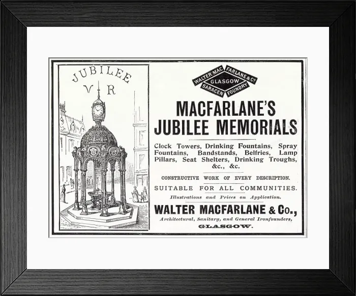 Framed Print : Walter MacFarlane, Saracen Foundry in Glasgow manufacturer of cast iron clocks, towers, drinking fountains, bandstands, belfries. lamp pillars seat shelters and drinking troughs. Date: 1897 Framed Print : Walter MacFarlane, Saracen Foundry in Glasgow manufacturer of cast iron clocks, towers, drinking fountains, bandstands, belfries. lamp pillars seat shelters and drinking troughs. Date: 1897