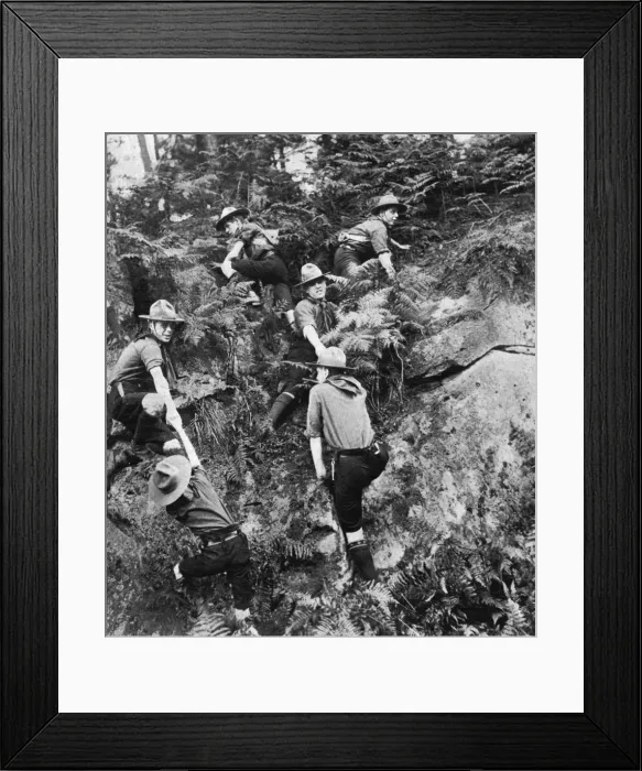 Framed Print : Patrol of boy scouts making its way across difficult country Framed Print : Patrol of boy scouts making its way across difficult country