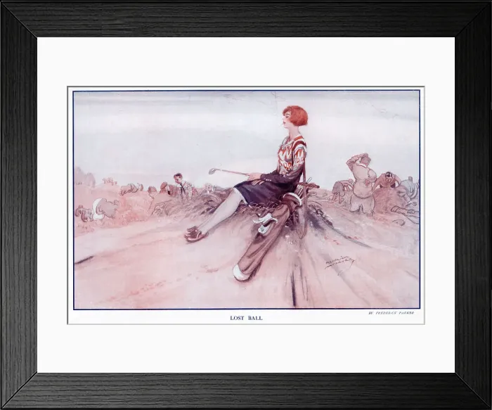 Framed Print : A lady enjoying a cigarette after losing her golf ball, whilst male golfers search frantically for it. Date: 1925 Framed Print : A lady enjoying a cigarette after losing her golf ball, whilst male golfers search frantically for it. Date: 1925